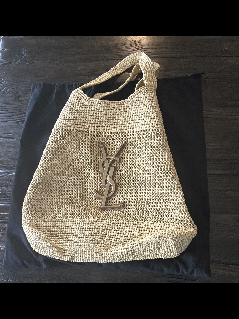 New Saint Laurent Beige Raffia Tote with Gold Logo AMAZING BAG! - Picture 7 of 15